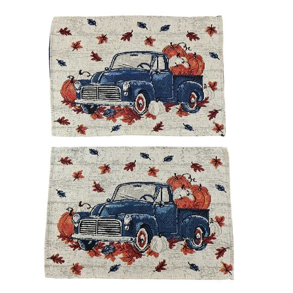Fall Pumpkin Blue Truck Tapestry Placemats Autumn Leaves Vintage Pickup Truck - Picture 1 of 9